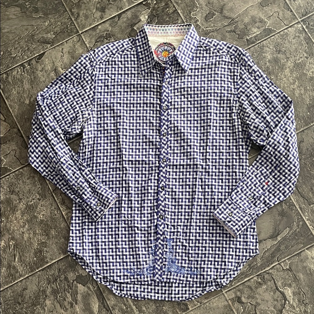 ROBERT GRAHAM Men’s Purple Silver White Abstract Check Shirt Maximalism Preppy